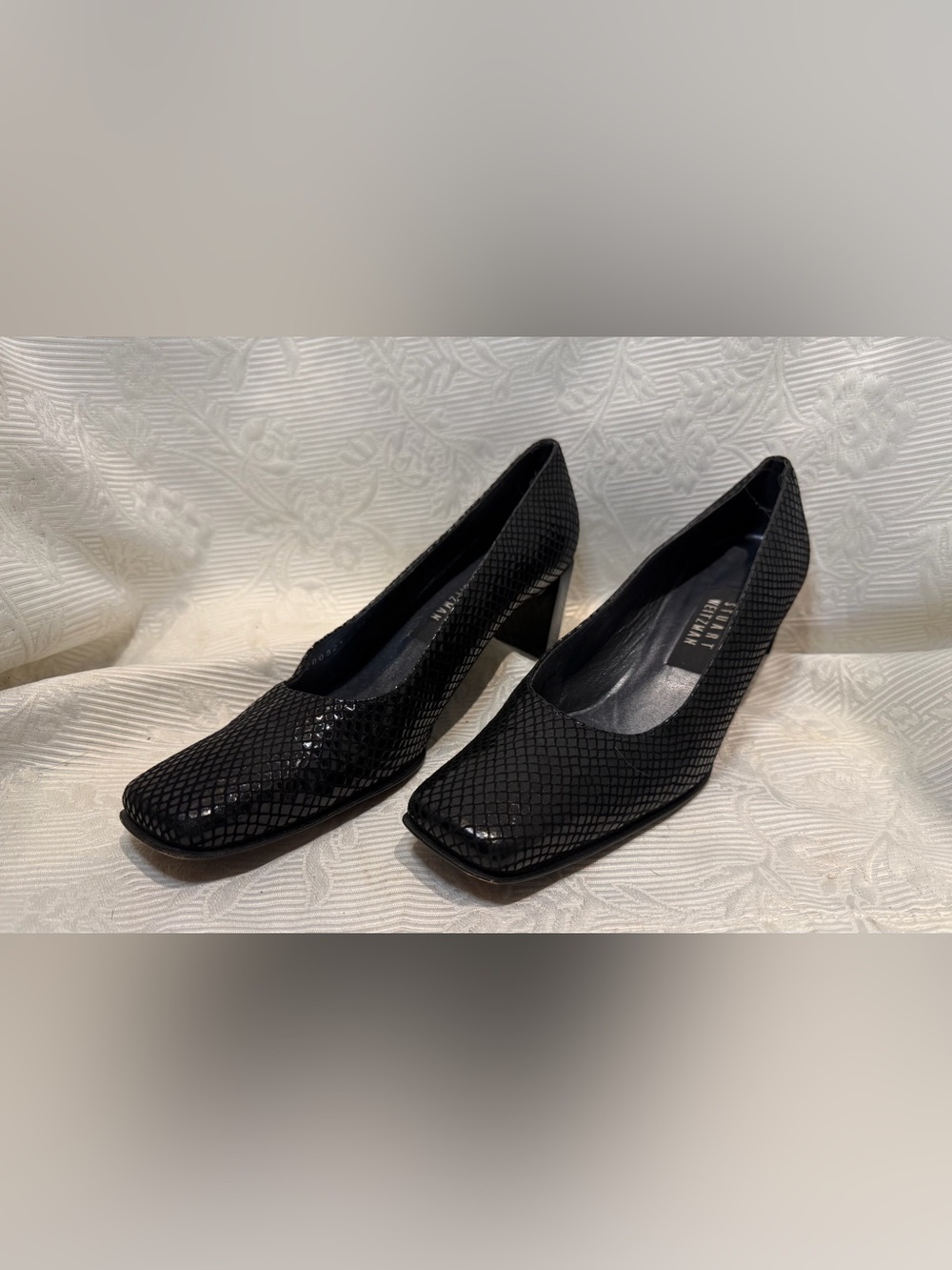 Stuart Weitzman Black Square Toe Block Heel Pumps 7.5 AA Spain 90s Snakeskin